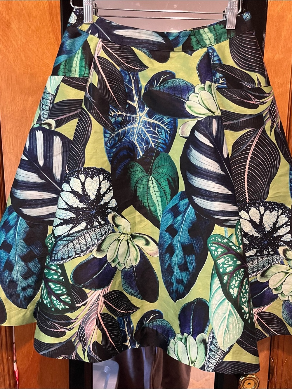 Gracia A-Line Skirt in Green, Blue and Black Tropical Leaf Print